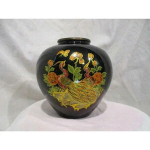 Vase, Black Lacquered Brass Vase with peacock‎ and floral decoration Asian flare